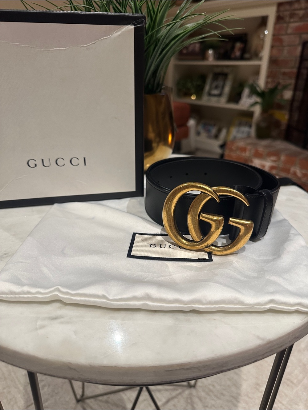 Gucci Black Leather Belt with Gold Double G Interlocking Buckle